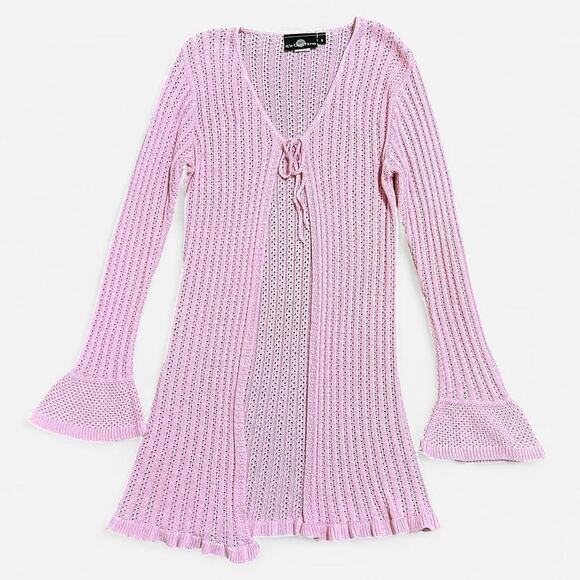 VTG Y2K Its Our Time Light Pink Open Knit Crochet Tie Front Duster Cardigan S - Picture 6 of 8